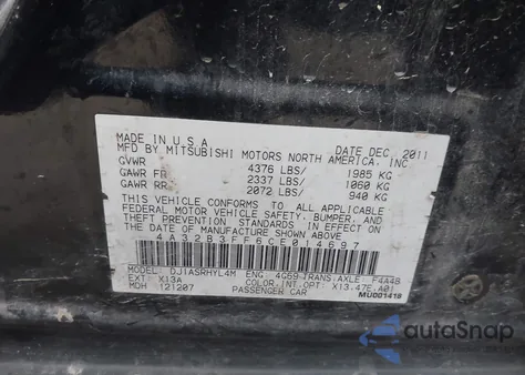 2012 Mitsubishi Galant Es/Se z USA, uszkodzony, nr VIN 4A32B3FF6CE014697